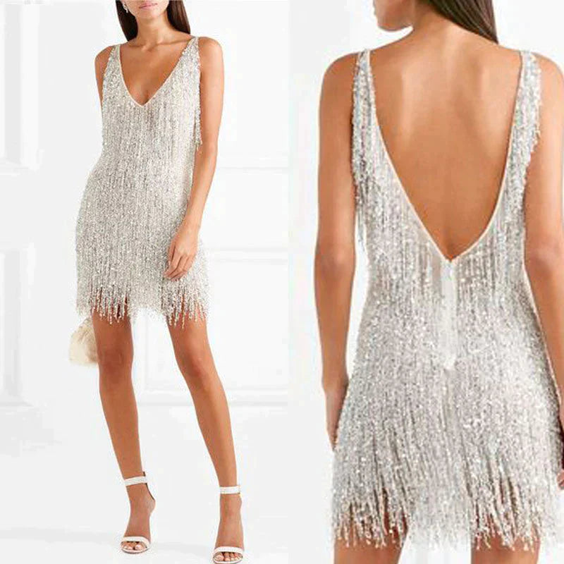 🎉Spécial été🎉Robe Sexy Á Franges Sans Manches Á Col En V